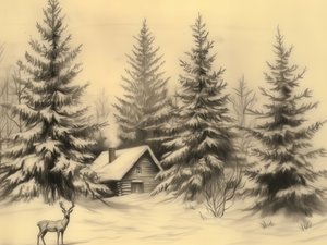 Rauhallinen talvimökki ja peura