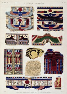 Kuvituksia muumioiden kääreiden maalaamista kuvioista, Hypogees, Theban, levy 58 teoksen "Egyptin kuvaukset" toisesta niteestä, kaiverrettu Willeminin toimesta, 1822 (akvatintta). tekijältä Jomard