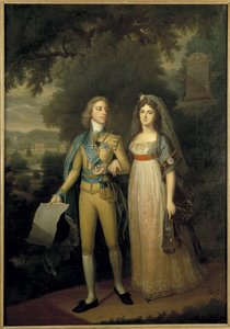 Gustave IV Adolphe de Suede - Muotokuva Kustaa IV Adolfista Ruotsista (1778-1837) ja Frederica Dorothea Wilhelminasta Badenista (1781-1826), Ruotsin kuningattaresta, Forsslund, Jonas (1754-1809). Öljy kankaalle, c. 1797-1800. Mitat: 273 x 195 cm. Nationalm tekijältä Jonas Forsslund