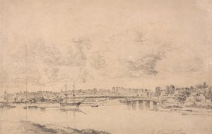 Southampton ja Northam Itchen-joesta (grafiitti keskikokoiselle, hieman teksturoituneelle, sinivalkoiselle kudospaperille, joka on levitetty keskikokoiseen, kohtalaisen teksturoitu, beige kudospaperi) tekijältä Jonathan Fisher