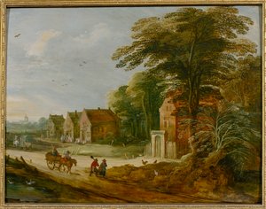 Kylän läpi kulkevat matkustajat (öljy paneelissa) tekijältä Joos de (studio of) Momper