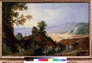 Maisema ja kappeli kukkulalla. Talonpojat auroilla kävelevät teillä. Joos de Momper Le Jeunen (1564-1635) maalaus, noin 1608-1610. flaamilaista taidetta. Öljy puulle. Pushkin taidemuseo