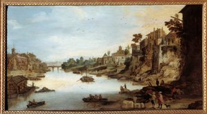 Näkymä Tiberille (Tevere) Roomassa Talo paalujen varassa vasemmalla. Josse Momper II:n (1564-1635) maalaus