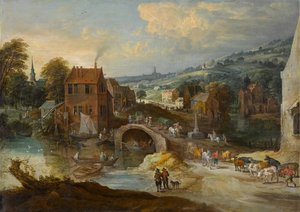 Kylämaisema ja silta, noin 1620-luku (öljy kankaalle)