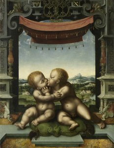 Lapset Kristus ja Pyhä Johannes Kastaja halaavat, 1520-25 tekijältä Joos van Cleve