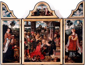 Tryptic of the Adoration of the Magi. Maalaus puulle Joos Van Cleve nuori (1485-1540) 1515 Dim. 260x200 cm Genes, San Donaton kirkko tekijältä Joos van Cleve