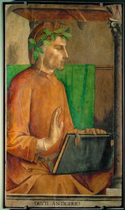 Dante Alighieri, runoilija 28 muotokuvan sarjasta, joka on maalattu noin vuonna 1475 Federigo da Montefeltren studioloa varten ...
