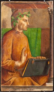 Dante Alighierin (1265-1321), runoilijan, italialaisen kirjailijan, jumalaisen komedian kirjoittajan, liripionin päähine - kuva Justen Gentin (Joos van Wassenhove) (noin 1435 - noin 1475) ja Pedro Berrugueten (noin 1450) maalaus ennen vuotta 1504), osa 2:n tekijältä Joos van Gent (fl.1460 75)