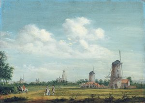 Näkymä Arnhemiin, St. Walburgiskerk vasemmalla ja Grote Kerk oikealla, elegantit kaupunkilaiset kävelykadulla lähellä, 1776
