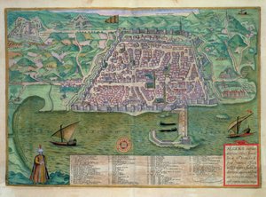 Algerin kartta, Georg Braunin (1541-1622) ja Frans Hogenbergin (1535-90) Civitates Orbis Terrarum -teoksesta, n. 1572 (värinen kaiverrus)