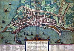 Anconan kartta, Georg Braunin (1541-1622) ja Frans Hogenburgin (1535-90) Civitates Orbis Terrarum -teoksesta, n. 1572 (värinen kaiverrus) tekijältä Joris (after) Hoefnagel
