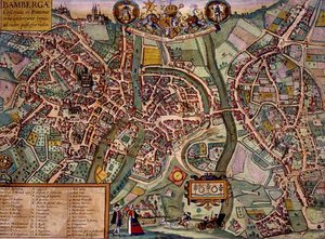Bambergin kartta, Georg Braunin (1541-1622) ja Frans Hogenbergin (1535-90) n. 1572-1617 Civitates Orbis Terrarum -teoksesta (värillinen kaiverrus)