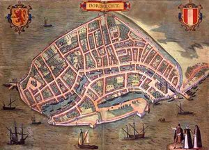 Dordrechtin kartta, Georg Braunin (1541-1622) ja Frans Hogenburgin (1535-90) Civitates Orbis Terrarum -teoksesta, n. 1572 (värinen kaiverrus) tekijältä Joris (after) Hoefnagel