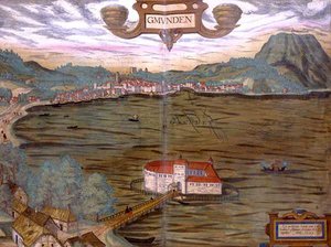 Georg Braunin (1541-1622) ja Frans Hogenbergin (1535-90) "Civitates Orbis Terrarum" -teoksesta Gmundenin kartta 1594 (värillinen kaiverrus).
