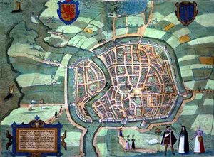 Haarlemin kartta, Georg Braunin (1541-1622) ja Frans Hogenburgin (1535-90) Civitates Orbis Terrarum -teoksesta, n. 1572 (värinen kaiverrus)