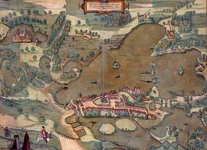 Plonin kartta, Georg Braunin (1541-1622) ja Frans Hogenbergin (1535-90) Civitates Orbis Terrarum -teoksesta 1593 (värinen kaiverrus)