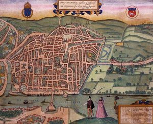 Rouenin kartta, Georg Braunin (1541-1622) ja Frans Hogenbergin (1535-90) Civitates Orbis Terrarum -teoksesta n. 1572-1617 (värillinen kaiverrus)