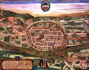 Saintesin kartta, Georg Braunin (1541-1622) ja Frans Hogenbergin (1535-90) Civitates Orbis Terrarumista tekijältä Joris (after) Hoefnagel