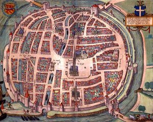 Solvaerin kartta, Georg Braunin (1541-1622) ja Frans Hogenbergin (1535-90) n. 1572-1617 Civitates Orbis Terrarum -teoksesta (värillinen kaiverrus)