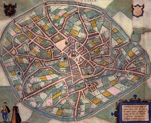 Tiesen kartta, Georg Braunin (1541-1622) ja Frans Hogenbergin (1535-90) Civitates Orbis Terrarumista n. 1572-1617 (värillinen kaiverrus) tekijältä Joris (after) Hoefnagel