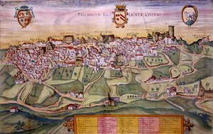 Tricaricon kartta Georg Braunin (1541-1622) ja Frans Hogenbergin (1535-90) "Maailman kaupungit" -teoksesta, n. 1572-1617 (värillinen kaiverrus).