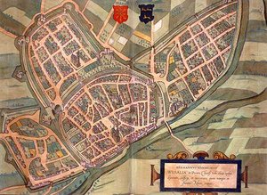 Weselin kartta, Georg Braunin (1541-1622) ja Frans Hogenbergin (1535-90) Civitates Orbis Terrarumista n. 1572-1617 (värillinen kaiverrus)