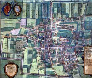 Haagin kartta Georg Braunin (1541-1622) ja Frans Hogenburgin (1535-90) teoksesta "Civitates Orbis Terrarum", noin 1572 (värillinen kaiverrus). tekijältä Joris (after) Hoefnagel