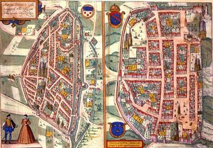 Chartresin ja Dunoisin kartat, Georg Braunin (1541-1622) ja Frans Hogenbergin (1535-90) Civitates Orbis Terrarum -teoksesta n. 1572-1617 (värinen kaiverrus) tekijältä Joris (after) Hoefnagel