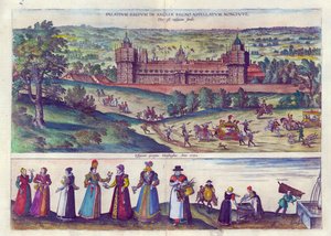 Kuningatar Elisabet I:n saapuminen Nonsuch-palatsiin ja Tudor-yhteiskunnan miehet ja naiset, 1598 (käsinvärinen kuparikaiverrus) tekijältä Joris Hoefnagel