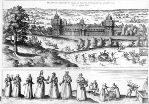 Kuningatar Elisabet I:n saapuminen Nonsuch-palatsiin sekä Tudor-yhteiskunnan miehet ja naiset, 1582 tekijältä Joris Hoefnagel