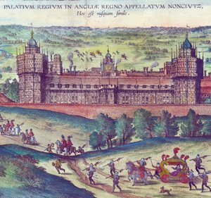 Kuningatar Elisabet I:n saapuminen Nonsuch-palatsiin, 1598 käsinvärjätty kuparikaiverrus yksityiskohta numerosta 324184 tekijältä Joris Hoefnagel