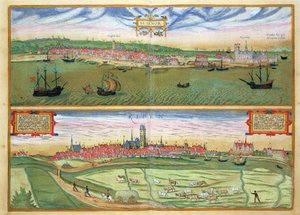 Elsenor ja Ripen, Georg Braunin (1541-1622) ja Frans Hogenburgin (1535-90) "Maailman kaupungeista" n. 1572 tekijältä Joris Hoefnagel