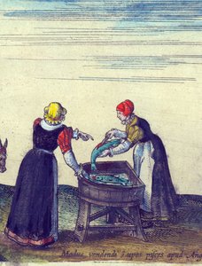Fishwives myy ja perataan haukea, 1598 käsinvärjätty kuparikaiverrus yksityiskohta numerosta 324184 tekijältä Joris Hoefnagel