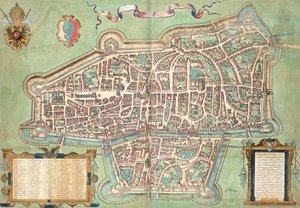 Augsburgin kartta, Georg Braunin (1541-1622) ja Frans Hogenbergin (1535-90) Civitates Orbis Terrarum -teoksesta, n. 1572