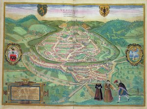 Besanconin kartta, Georg Braunin (1541-1622) ja Frans Hogenbergin (1535-90) Civitates Orbis Terrarumista, 1575 (värikaiverrus) tekijältä Joris Hoefnagel