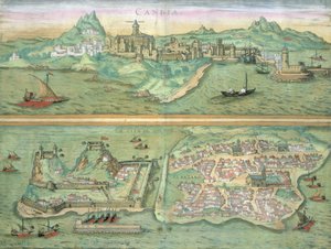 Candian ja Korfun kartta, Georg Braunin (1541-1622) ja Frans Hogenbergin (1535-90) Civitates Orbis Terrarum -teoksesta, n. 1572