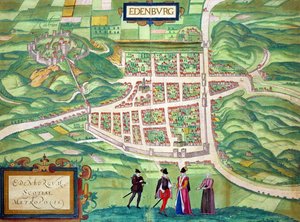 Edinburghin kartta, Georg Braunin (1541-1622) ja Frans Hogenbergin (1535-90) julkaisusta "Maailman kaupungit" n. 1572-1617