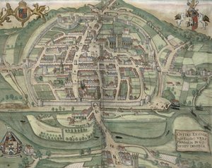 Exeterin kartta, Georg Braunin (1541-1622) ja Frans Hogenbergin (1535-90) Civitates Orbis Terrarumista c.1572-1617