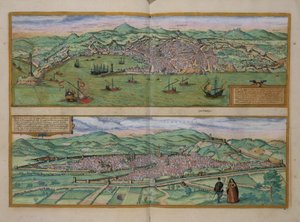 Genovan ja Firenzen kartta, Georg Braunin (1541-1622) ja Frans Hogenbergin (1535-90) Civitates Orbis Terrarum -teoksesta, n. 1572