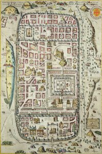 Jerusalemin ja ympäröivän alueen kartta Georg Braunin (1541-1622) ja Frans Hogenbergin (1535-90) Civitates Orbis Terrarumista n. 1572-1617 (katso 138905-96) tekijältä Joris Hoefnagel