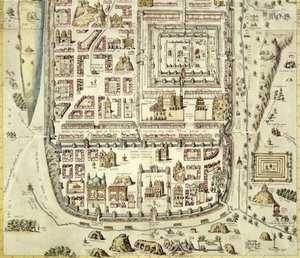 Jerusalemin ja ympäröivän alueen kartta Georg Braumin (1541-1622) ja Frans Hogenbergin (1535-90) Civitates Orbis Terrarumista n. 1572-1617 (katso 138905)