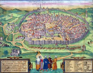 Jerusalemin kartta, Georg Braunin (1541-1622) ja Frans Hogenbergin (1535-90) julkaisusta "Maailman kaupungit", n. 1572