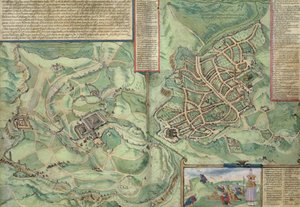 Jerusalemin kartta, Georg Braunin (1541-1622) ja Frans Hogenbergin (1535-90) julkaisusta "Maailman kaupungit", n. 1572