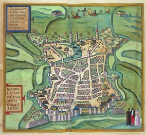 La Rochellen kartta, Georg Braunin (1541-1622) ja Frans Hogenbergin teoksesta Civitates Orbis Terrarum, n. 1572 (värikaiverrus)