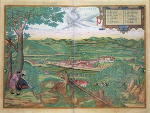 Linzin kartta, Georg Braunin (1541-1622) ja Frans Hogenbergin (1535-90) Civitates Orbis Terrarum -julkaisusta 1594