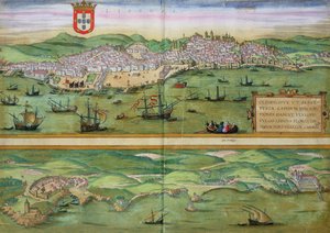 Lissabonin ja Cascaisin kartta Georg Braunin (1541-1622) ja Frans Hogenbergin (1535-90) Civitates Orbis Terrarumista, n. 1572