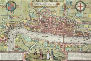 Lontoon kartta Georg Braunin (1542-1622) ja Frans Hogenburgin (1635-90) teoksesta "Civitates Orbis Terrarum", noin 1572 (ks. myös 51896 ja 58543).