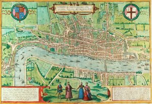 Lontoon kartta, Civitates Orbis Terrarum, Georg Braun (1542-1622) ja Frans Hogenburg (1635-90), n. 1572 (katso myös 51896 ja 66112)