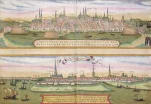 Lyypekin ja Hampurin kartta, Georg Braunin (1541-1622) ja Frans Hogenbergin (1535-90) Civitates Orbis Terrarum -teoksesta, n. 1572 (värikaiverrus)