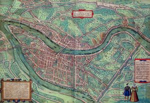Lyonin kartta, Georg Braunin (1541-1622) ja Frans Hogenbergin (1535-90) Civitates Orbis Terrarum -teoksesta, n. 1572 (värikaiverrus)